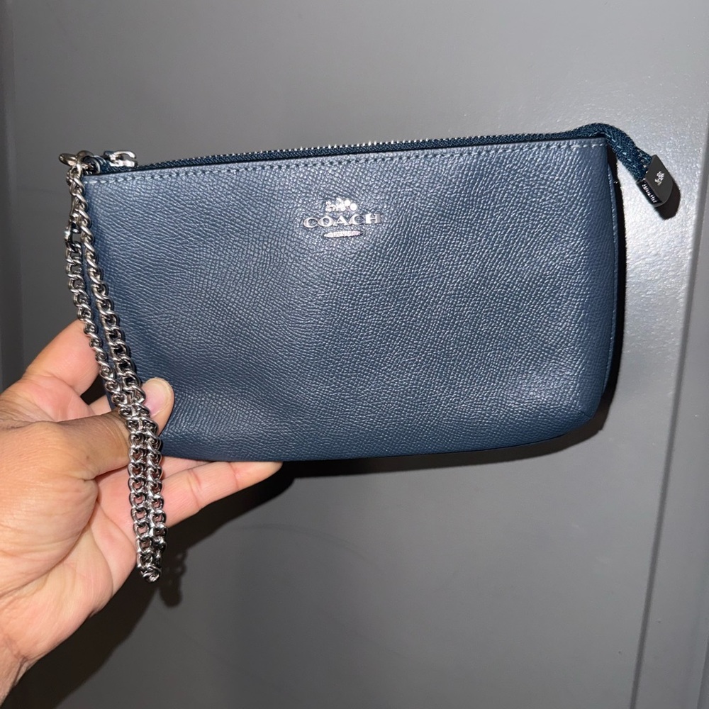 Coach Denim Blue Leather Wristlet with Chain wristlet . NWOT - Picture 2 of 5